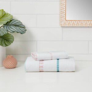 OPALHOUSE Cactus Striped Hand Towel Set of 2 - White decorative hand towels Teal